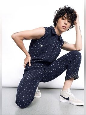 Wildfang Sleeveless Navy Polka Dot Jumpsuit